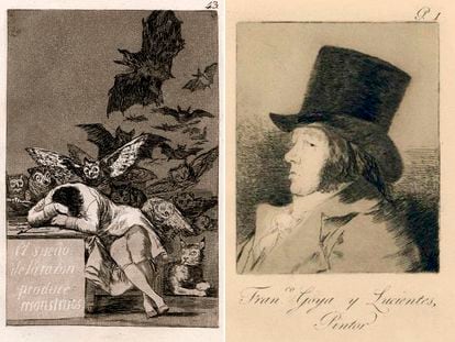Desde la izquierda, 'El sueño de la razón produce monstruos', de Francisco de Goya (1799) y autorretrato de Goya vestido de caballero.
