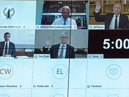 Comparecencia el miércoles en el Congreso de EE UU, en Washington, de los máximos ejecutivos de Amazon (Jeff Bezos), Facebook (Mark Zuckerberg), Google (Sundar Pichai) y Apple (Tim Cook).