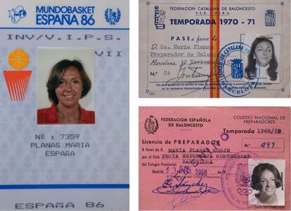 El pase VIP de Maria Planas para acceder a los partidos del Mundobasket 1986 celebrado en España. A la derecha, dos carnets de entrenadora de Maria Planas corresponidentes a las temporadas 1968-1969 y 1970-1971..