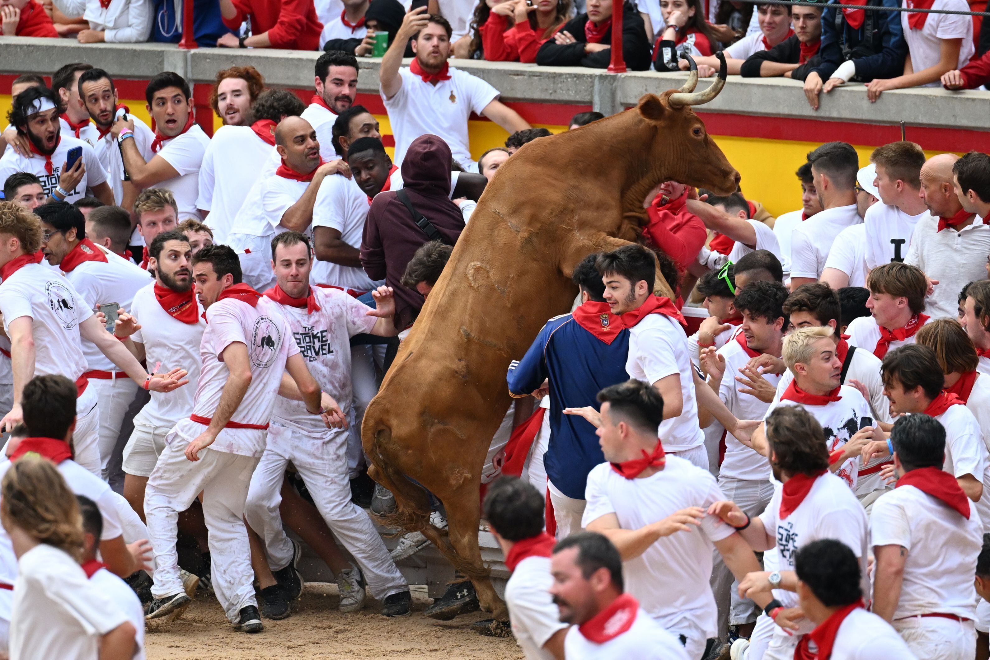 Salto de uno de los toros ante los mozos en las tablas de la plaza de Pamplona en el primer encierro de los Sanfermines.