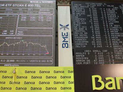Paneles de Bankia en la Bolsa de Madrid.