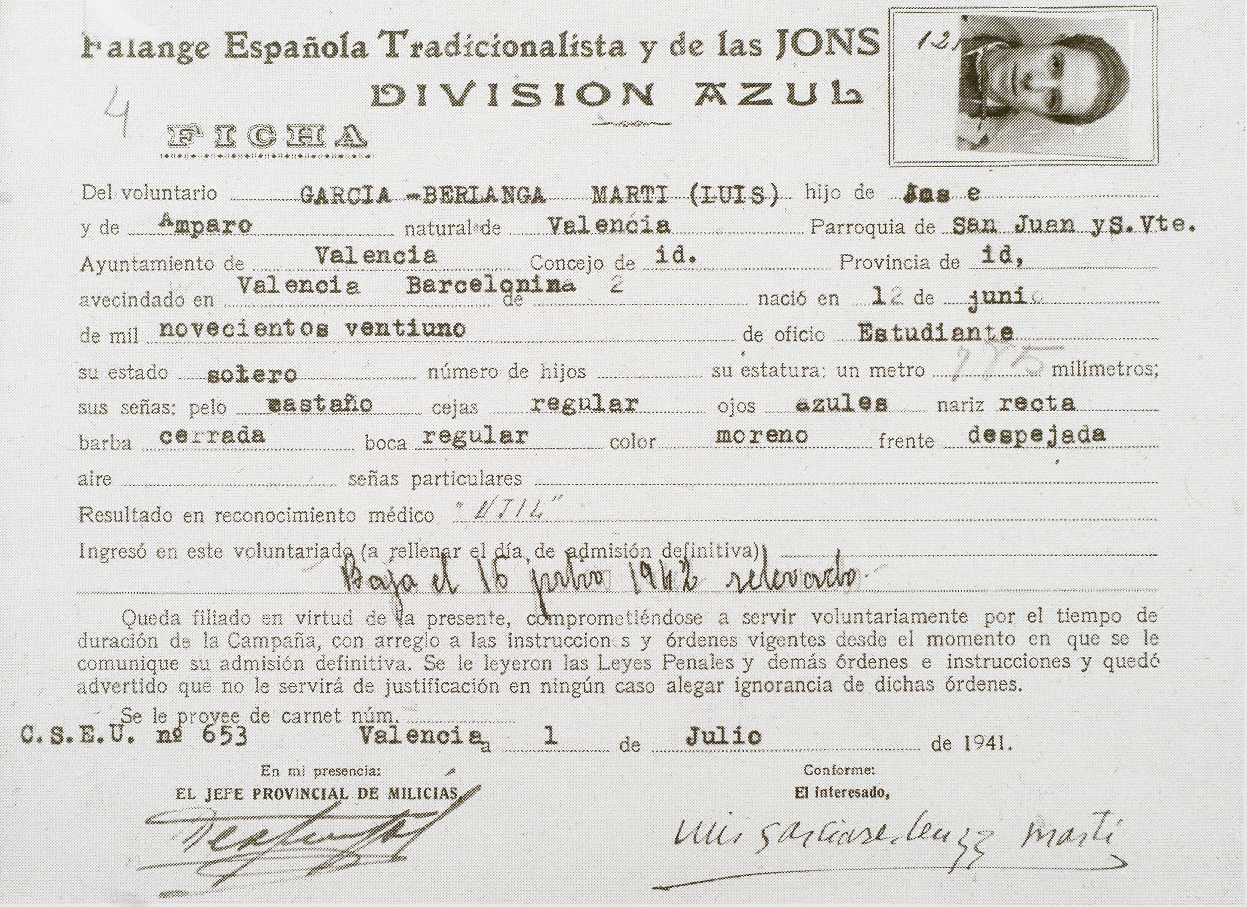 Ficha de ingreso voluntario en la División Azul expendida por la Falange (1941).