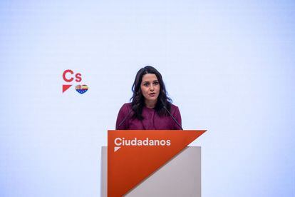Inés Arrimadas, durante la rueda de prensa de este martes en la sede de Ciudadanos.