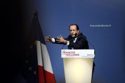 El l&iacute;der del PS franc&eacute;s, Fran&ccedil;ois Hollande en un mitin en Brest, Francia. 