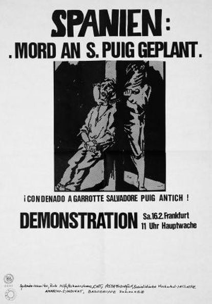P&ograve;ster convocant a una manifestaci&oacute; el 16 de febrer de 1974 en suport a &ldquo;Salvadore&rdquo;, a Frankfurt.  crai-b. pavell&oacute; rep&uacute;blica (ub)