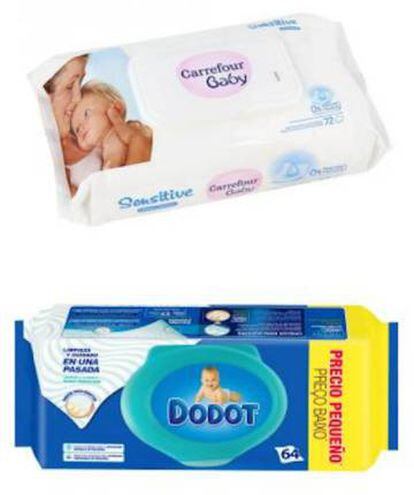 Arriba, toallitas Carrefour Baby de 72 unidades (1,66 euros). Abajo, toallitas Dodot de 64 unidades (1,59 euros).