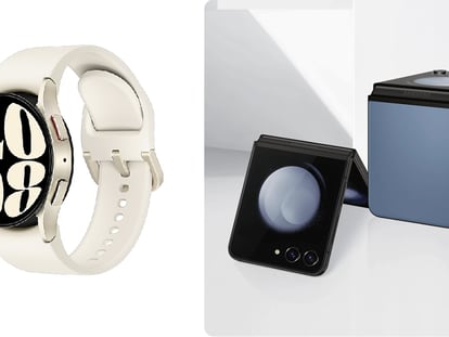 A la izquierda, el reloj inteligente que se puede conseguir al comprar el Galaxy Z Fold5 de la derecha. SAMSUNG.