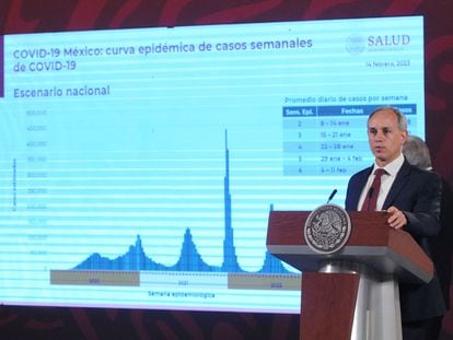 El subsecretario de Salud, Hugo López-Gatell, muestra los datos sobre la covid-19, en una conferencia matutina en Palacio Nacional.