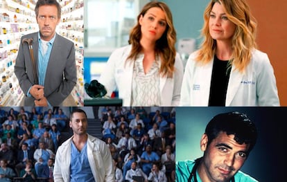 A dalt, Hugh Laurie (protagonista de 'House') i Ellen Pompeo i Camilla Luddington ('Anatomia de Grey'); a sota, a l'esquerra, Ryan Eggold ('New Amsterdam') i George Clooney ('Urgencias').