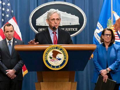 El fiscal general de Estados Unidos, Merrick Garland, este jueves durante una rueda de prensa en la sede del Departamento de Justicia en Washington.