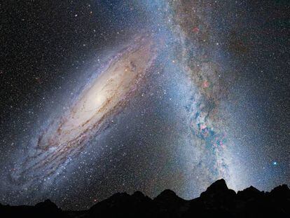 Recreación del cielo nocturno dentro de 4.000 millones de años, cuando Andrómeda se una con la Vía Láctea. En vídeo, animación de este suceso.
