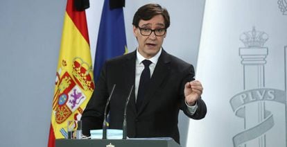 El Ministro de Sanidad, Salvador Illa, durante una rueda de prensa en el Palacio de la Moncloa en Madrid.