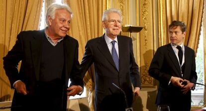 González, Monti y Berggruen, durante una rueda de prensa antes del inicio del debate del Consejo para el Futuro de Europa, en Madrid.