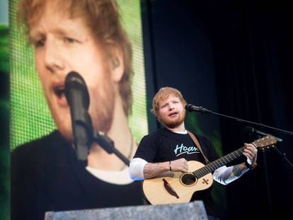 El cantante británico Ed Sheeran esta noche en el Wanda Metropolitano, en Madrid