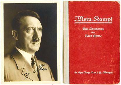 Portada y fotografía de Hitler en una primera edición de 'Mein Kampf', con autógrafo del dictador nazi incluido.
