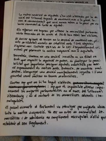 Carta de Puigdemont, Turull, Rull y Jordi Sánchez al Parlament.