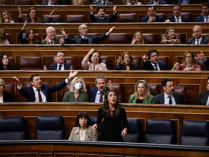 Protesta de diputados del PP, el pasado miércoles, cuando la ministra de Igualdad, Irene Montero, les acusaba de "fomentar la cultura de la violación".