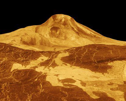 Una imagen tridimensional del Maat Mons, el volcán más alto de Venus.