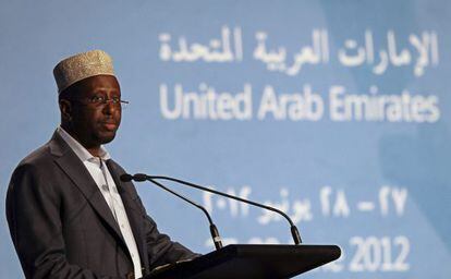 El presidente de Somalia, el jeque Sharif Sheikh Ahmed, interviene en la II Conferencia Internacional Contra la Piratería.