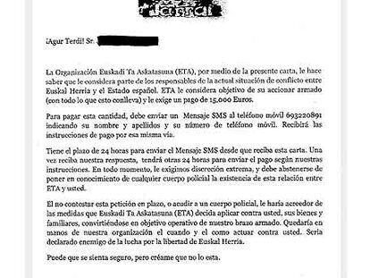 Carta amenazante de ETA a un empresario