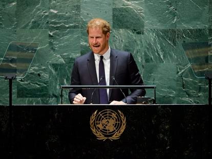 El príncipe Enrique de Inglaterra, en su discurso ante la Asamblea General de la ONU por el Día de Nelson Mandela, el 18 de julio de 2022 en Nueva York.