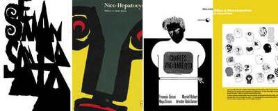 De izquierda a derecha, diseños gráficos de Josep Pla-Narbona (1965), Antoni Morillas (1964) y dos de Elías & Santamarina (1969).Diseño de Alexandre Cirici Pellicer (1953) para la tienda de ropa Gales.