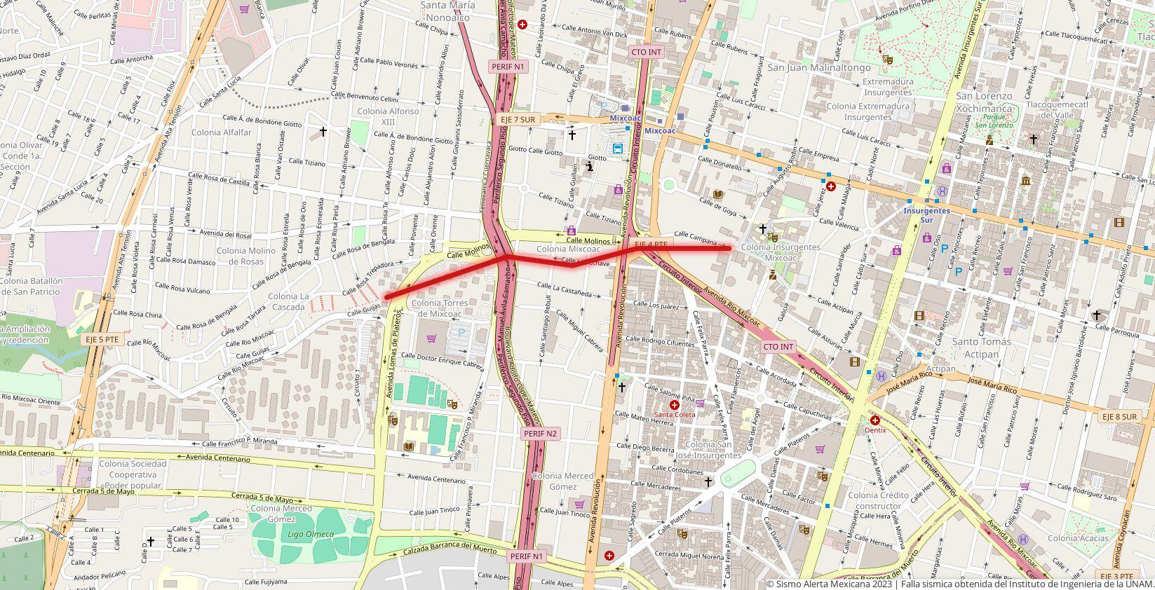 Mapa que muestra la falla Plateros-Mixcoac, en Ciudad de México