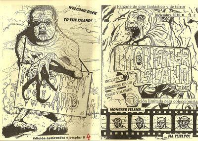 Página extraída del fanzine Monster Island, un modelo clásico: fotocopias grapadas en formato de cuadernillo. El autor Jorge Aguirre hace los textos y dibujos de las 112 páginas de la última edición.  Inicialmente se distribuía en diferentes librerías especializadas de Bilbao, donde se crea el fanzine, con una tirada de alrededor de 20 números. El último ejemplar se ha vendido por correo, y se ha publicitado <a href=