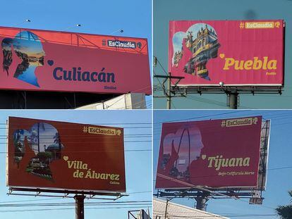 Espectaculares de la campaña #EsClaudia en Culiacán (Sinaloa), Puebla (Puebla), Villa de Álvarez (Colima) y Tijuana (Baja California), en imágenes difundidas en redes sociales.