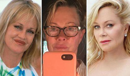 Melanie Griffith en los años 90, en su Instagram en agosto de 2018 y en unas fotos para una revista el mismo mes.