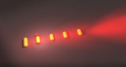 Ilustración de una nanoantena alimentada por un punto cuántico. La luz es redirigida por la antena mediante una estructura nanoscópica, como si fuera un receptor de televisión ultra-diminuto.