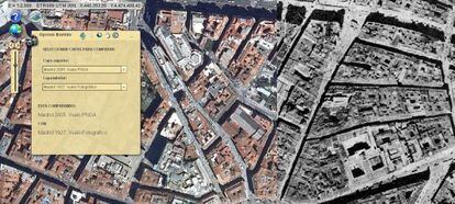 Comparaci&oacute;n de mapas de 1927 (en blanco y negro) y 2005 de la Puerta del Sol y sus calles adyacentes en la plataforma HISDI-MAD.