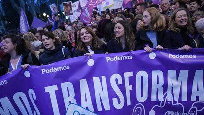 Cabecera de Podemos durante una de las manifestaciones convocadas por el Día Internacional de la Mujer, el pasado 8 de marzo.