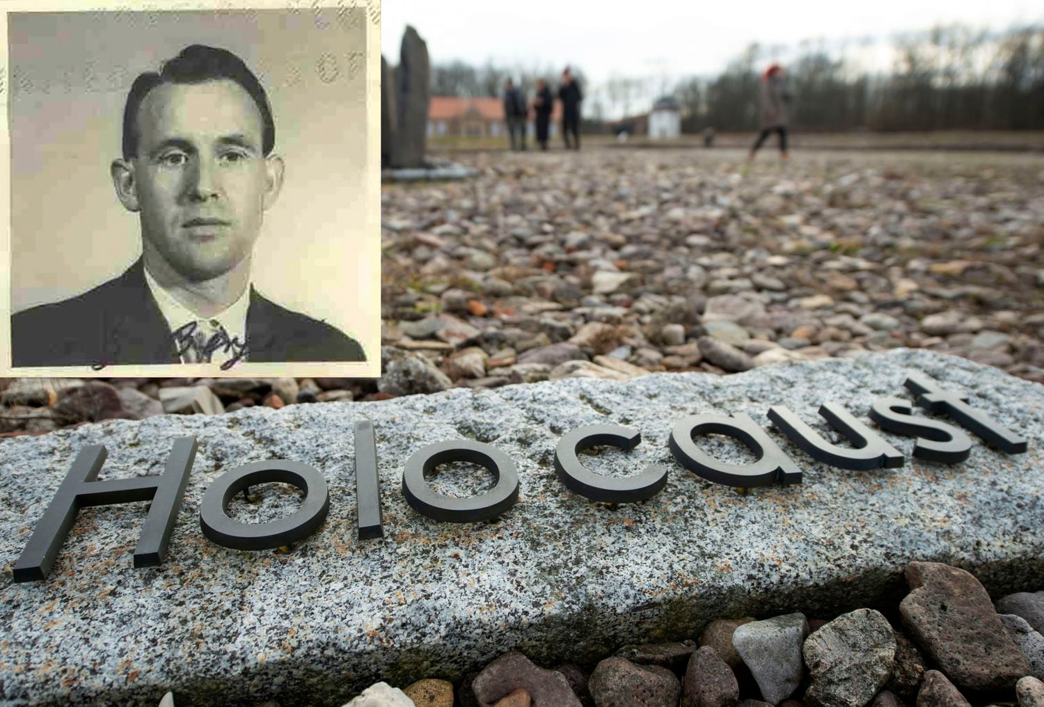 Uma imagem de Friedrich Karl Berger sobreposta a uma imagem do campo de concentração de Buchenwald na Alemanha.