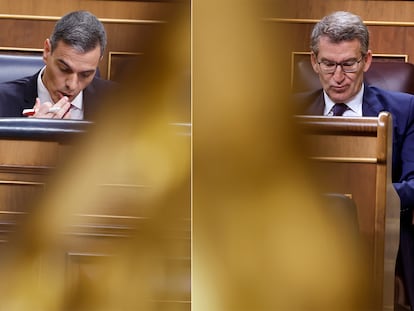 El presidente Pedro Sánchez y el presidente del PP, Alberto Núñez Feijóo, en el Congreso.