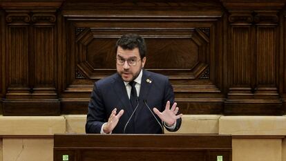 Aragonès, durante su discurso de esta mañana en el Parlament.