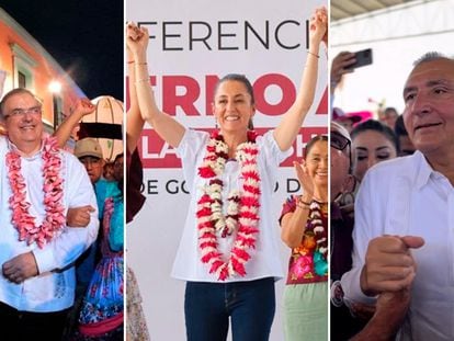 De izquierda a derecha, Marcelo Ebrard, Claudia Sheinbaum y Adán Augusto López, en actos electorales en mayo.