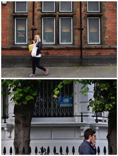 Una mujer camina frente a carteles electorales del Partido Laborista en Kensington, Liverpool (arriba) el 18 de mayo de 2017 y un hombre camina frente a un cartel del partido conservador en Kensington, Londres, el 30 de mayo de 2017.