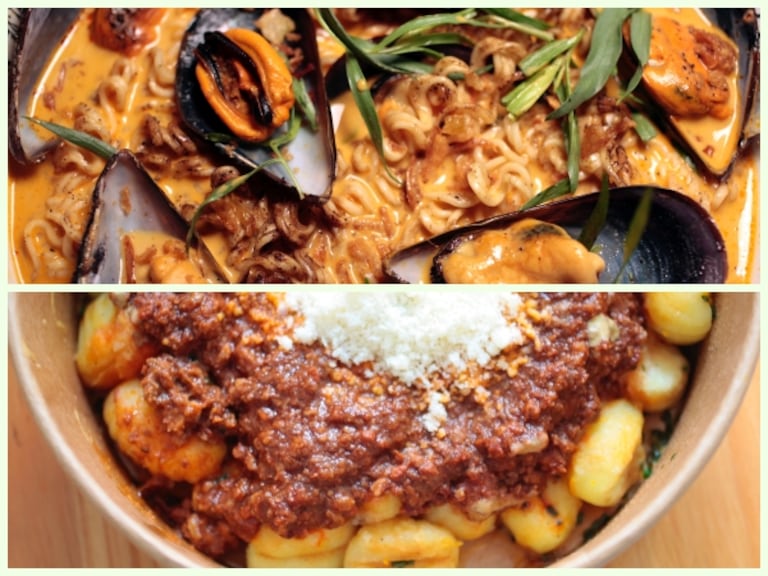 GoXO, el 'delivery' de Dabiz Muñoz: Noodles caldoxos con mejillones gallegos, coco, piparras y café (arriba) y gnocchis con boloñesa (abajo).