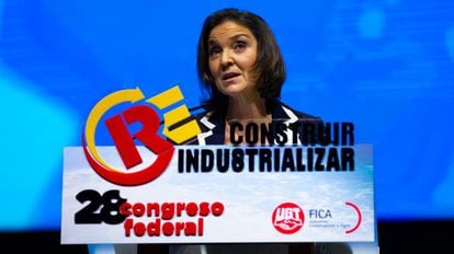 La ministra de Industria, Comercio y Turismo, Reyes Maroto, el 28º Congreso Federal UGT-Fica, este jueves.