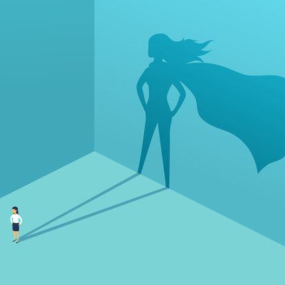 Businesswoman with shadow superhero. Super manager leader in business. Concept of success, quality of leadership, trust, emancipation. Vector illustration