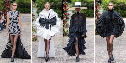 Four designs by Juana Martín in her fashion show during Haute Couture week in Paris, on July 7, 2022.