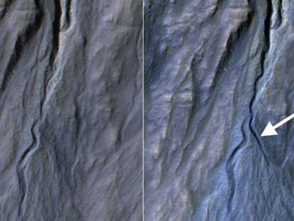 Evolución de una torrentera en Marte entre 2010 y 2013, y evolución de manchas oscuras entre 2007 y 2012.