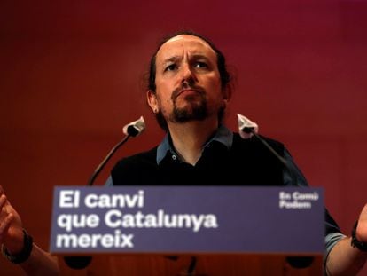 El vicepresidente segundo del Gobierno y líder de Podemos, Pablo Iglesias, durante el acto central de campaña de En Comú Podem para las elecciones catalanas en Santa Coloma (Barcelona), el pasado sábado.