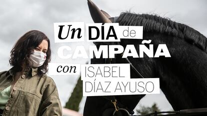 Isabel Díaz Ayuso, candidata del PP a la Comunidad de Madrid, en un centro de equinoterapia en Madrid. En el vídeo, seguimiento de una jornada de trabajo de Díaz Ayuso.