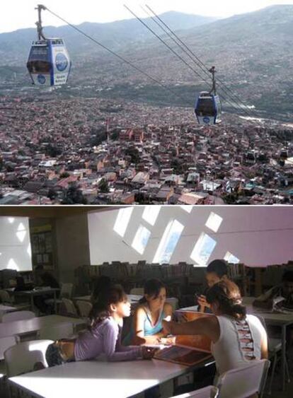 <i>Metrocable</i> en la comuna Santo Domingo de Medellín. Y un grupo de niños en la biblioteca España.