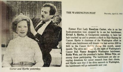 Bjerke atusa el peinado a la primera dama Rosalynn Carter en 1984.