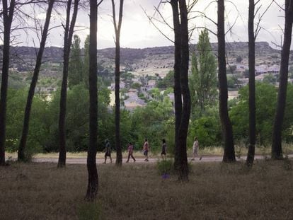Pacientes del centro de rehabilitación Díanova pasean al caer la tarde en el pinar de Ambite (Madrid). 