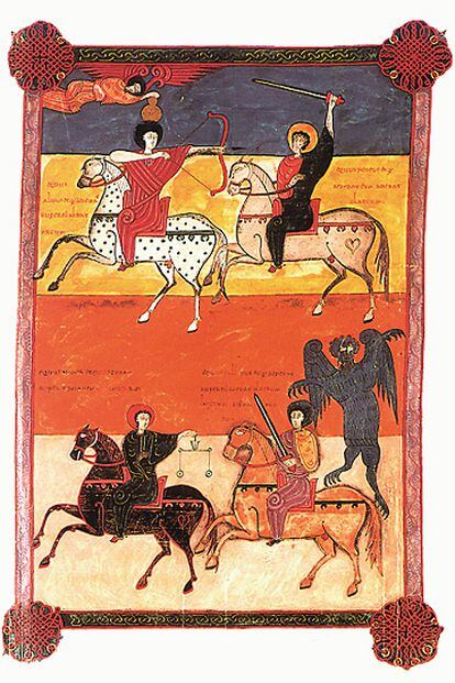 Página del Beato de Fernando I y doña Sancha (siglo XI), con iluminaciones de los Cuatro Jinetes del Apocalipsis, que está en la Biblioteca Nacional de España.