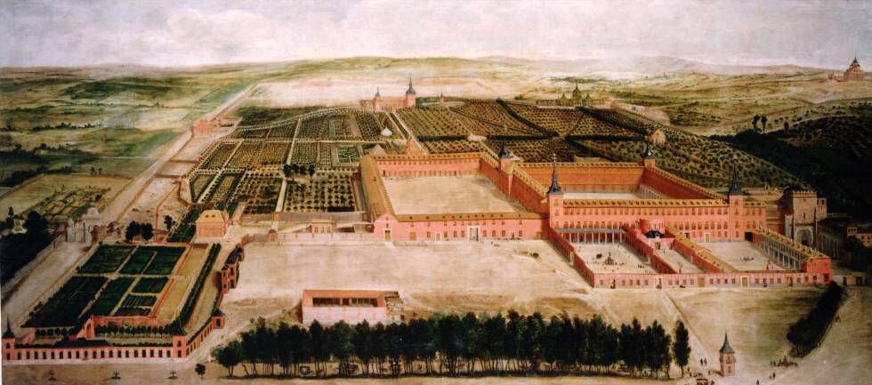 Vista del palacio y jardines del Buen Retiro en 1637, atribuida a Jusepe Leonardo. Patrimonio Nacional, Madrid.